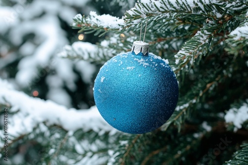 blue christmas ball hanging on a branch on sruce tree outdoor, snow, winter, with decorations. MZ  photo