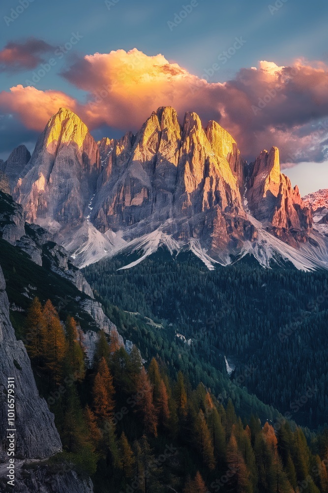 Fototapeta premium Majestic Dolomites mountains illuminated by golden sunset light. Vibrant orange and pink sky with clouds. Rich green forest and brown mountains rise high. Panoramic view of mountain range and forest.