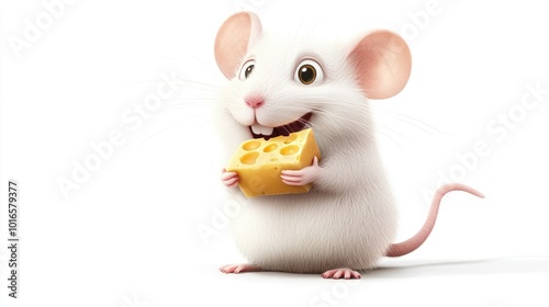 High-res illustration of a white rat holding a piece of cheese, isolated on a white background. Clipart perfect for educational or pet-themed designs. photo