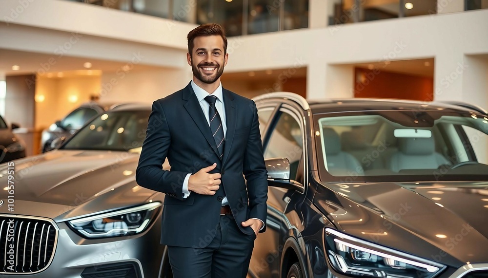 Fototapeta premium A friendly and smiling sales consultant standing next to a luxury car.