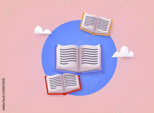 Children education 3d vector book icons. Open book and pages. Education concept.  3D vector web illustration.