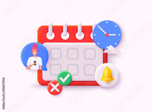 Calendar icon symbol with alert bell warning. Event schedule planner design. 3D Web Vector Illustrations.