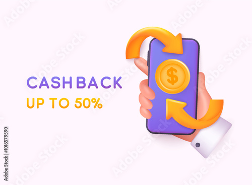 Smartphone with cashback label and arrows. Money back. Online shopping. 3D Web Vector Illustrations.