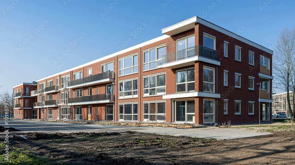 Modern Brick Apartment Building with Balconies Modern Brick Apartment Building with Balconies