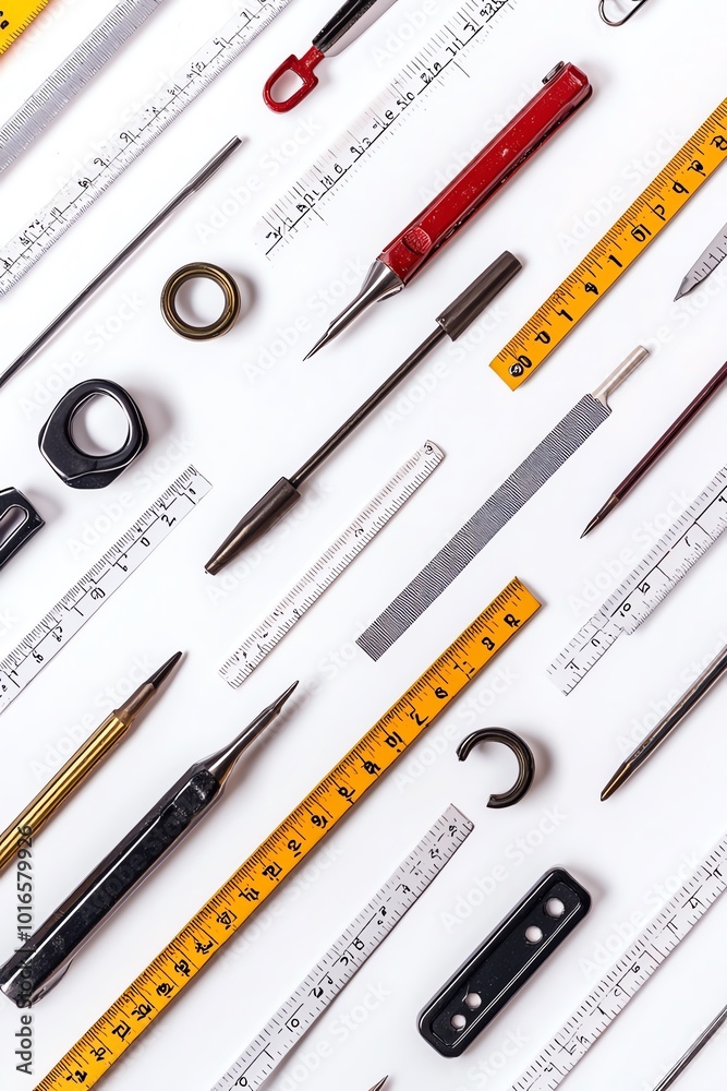 Collection of precision measuring tools creating geometric shapes on white Collection of precision measuring tools creating geometric shapes on white