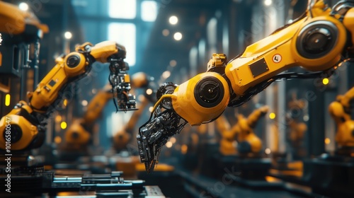 Robotic arms synchronously working on an assembly line in a futuristic factory setting, highlighting cutting-edge industrial technology.