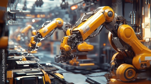 Robotic arms synchronously working on an assembly line in a futuristic factory setting, highlighting cutting-edge industrial technology.