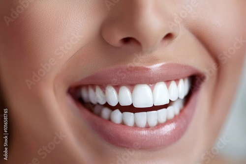 Close-up of a woman smiling with perfect white teeth on a neutral background.