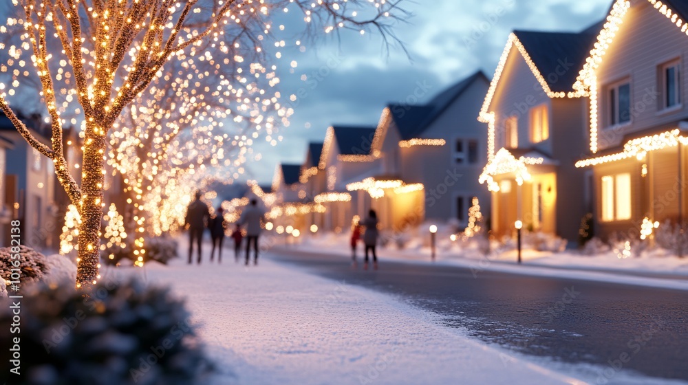 Festive Winter Scene on Snowy Street with Families Enjoying Holiday Lights Festive Winter Scene on Snowy Street with Families Enjoying Holiday Lights
