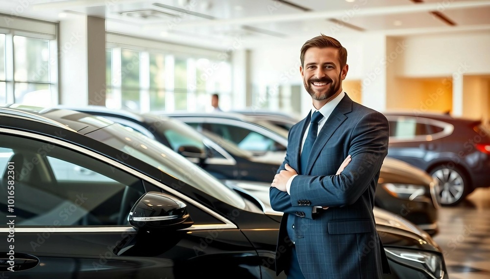 A friendly and smiling sales consultant standing next to a luxury car. A friendly and smiling sales consultant standing next to a luxury car.