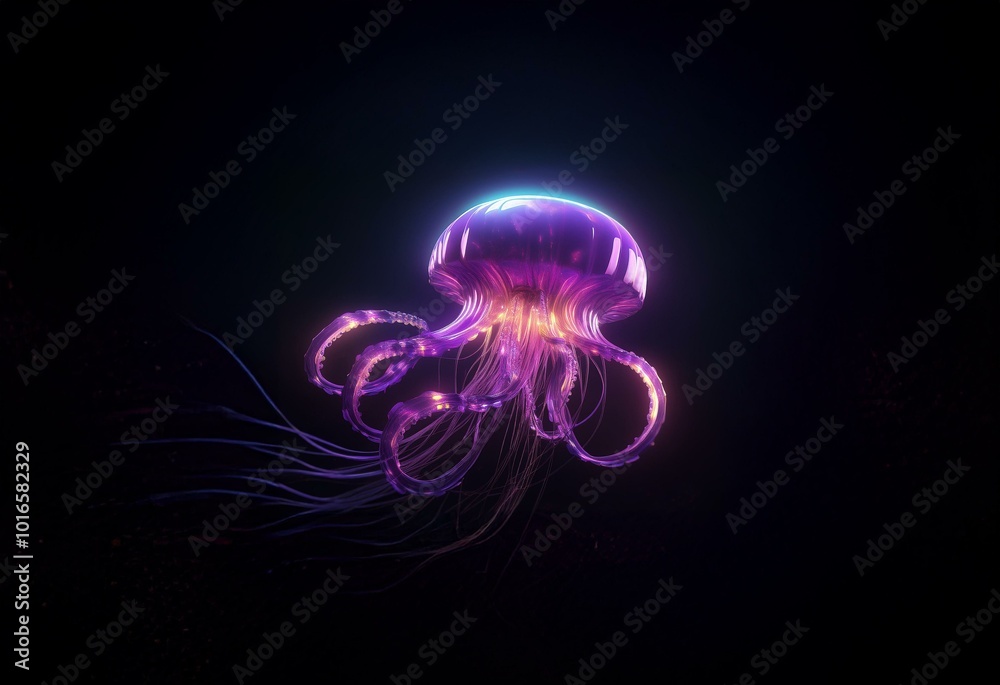 Obraz premium A glowing purple jellyfish with long tentacles floats in a dark void, a few faint sparks of light surround the creature.
