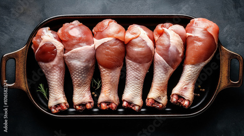 Six raw turkey drumsticks arranged in a black roasting pan with a garnish of herbs and peppercorns on a dark background. photo