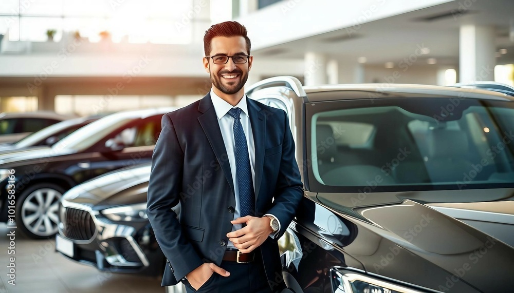 A friendly and smiling sales consultant standing next to a luxury car. A friendly and smiling sales consultant standing next to a luxury car.