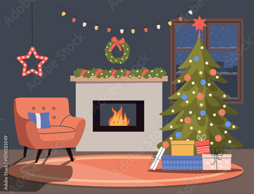 Living room Christmas interior. Christmas tree,  window, chair and fireplace. Vector flat cartoon illustration