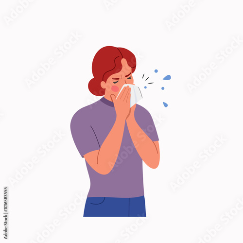 Young ill woman cough isolated. Allergy concept. Vector flat style cartoon illustration