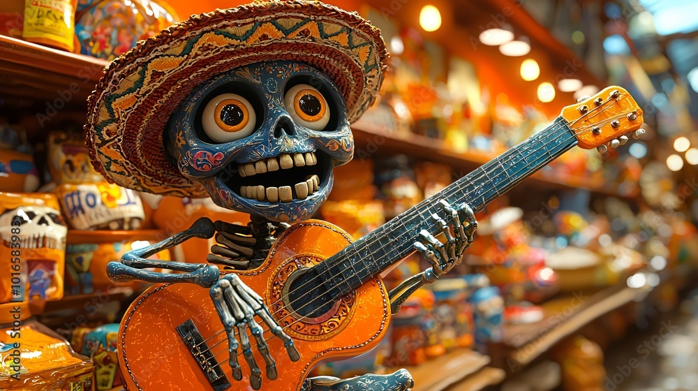 Fototapeta premium Vibrant skeleton with a sombrero and guitar, perfect for Day of the Dead celebrations, enhancing festive decorations, cards, and cultural events.
