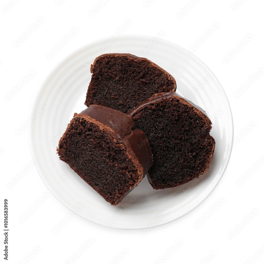 Slices of tasty chocolate sponge cake isolated on white, top view Slices of tasty chocolate sponge cake isolated on white, top view