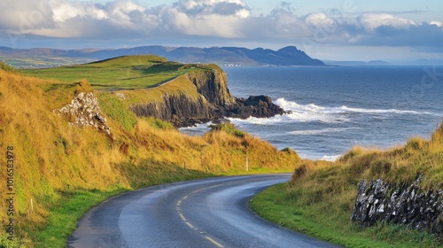 Serene Coastal Road with Dramatic Cliffs and Waves