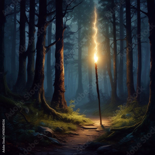 Realistic illustration of glowing wizzard stick on path in spooky forest. photo