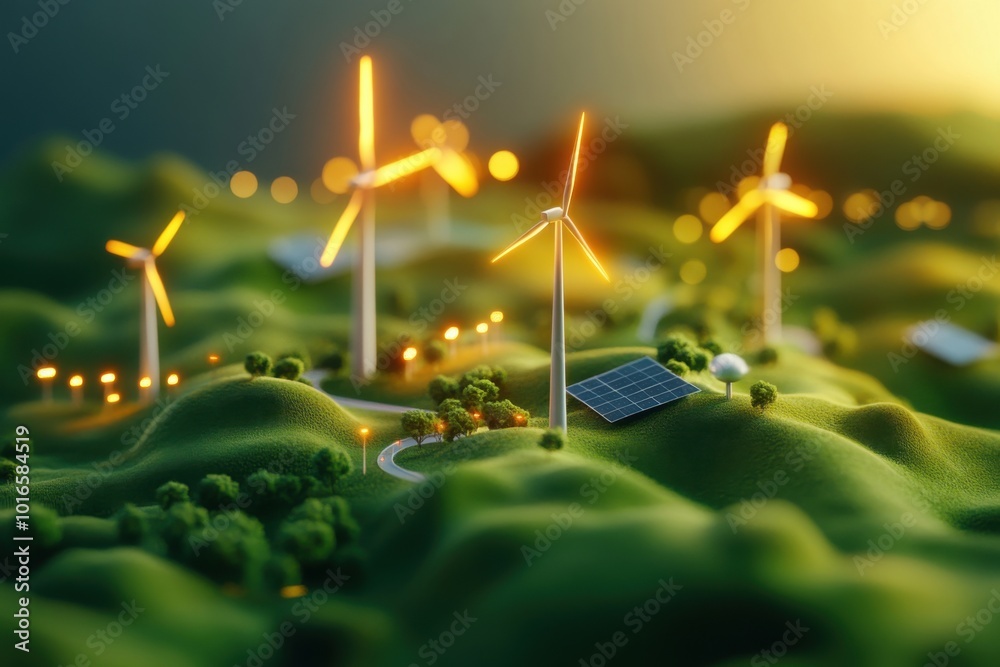 Naklejka premium 3D Render of Renewable Energy Infrastructure Landscape