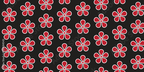 Simple and cool pattern with red floral motif with white border on black background