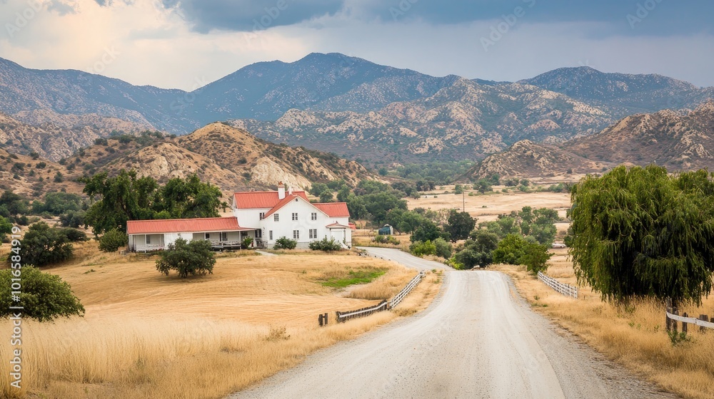 Scenic Ranch Road with Dramatic Mountain Backdrop Scenic Ranch Road with Dramatic Mountain Backdrop