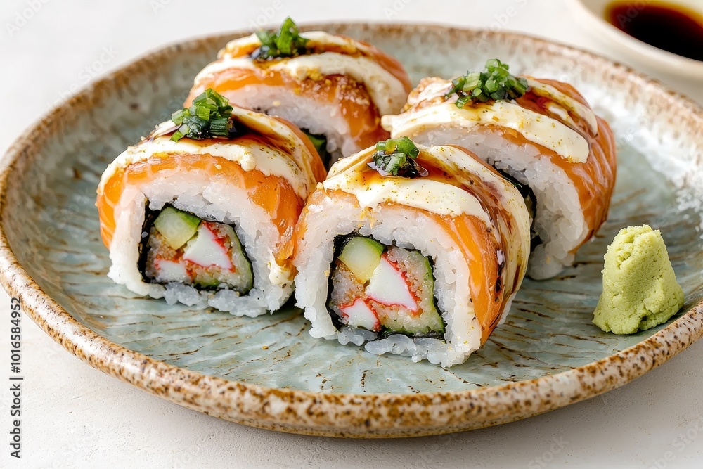 Delicious sushi rolls served on a textured plate with wasabi and ginger. Delicious sushi rolls served on a textured plate with wasabi and ginger.
