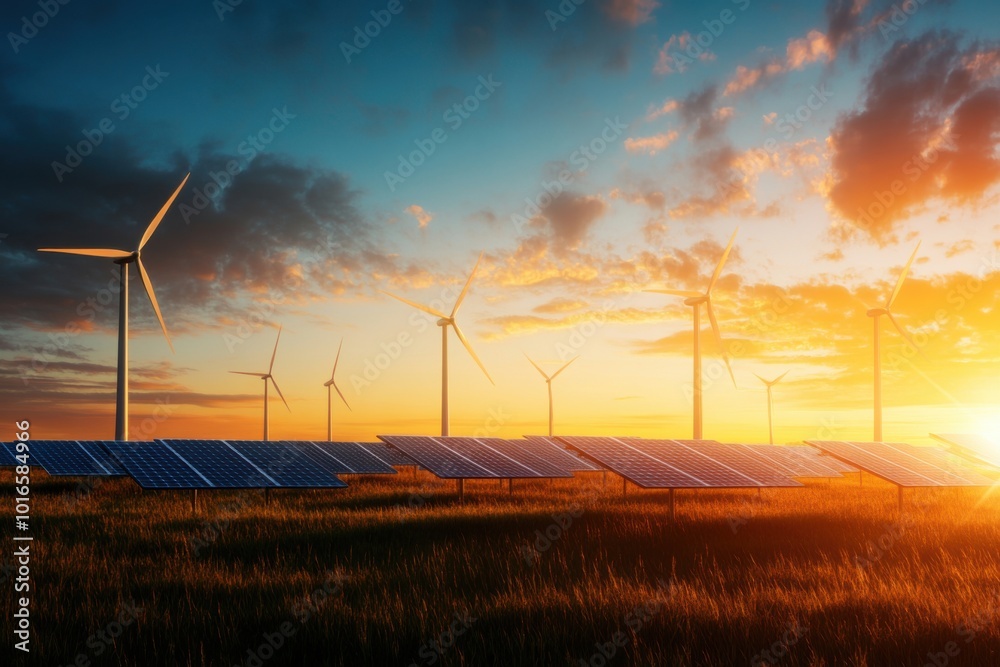 3D Render of Renewable Energy Infrastructure at Sunset 3D Render of Renewable Energy Infrastructure at Sunset