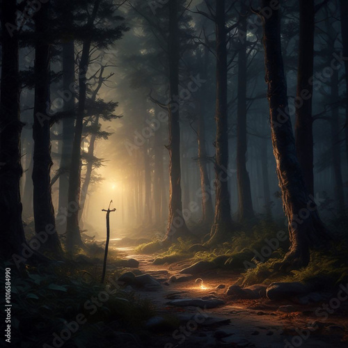 Realistic illustration of glowing wizzard stick on path in spooky forest. photo