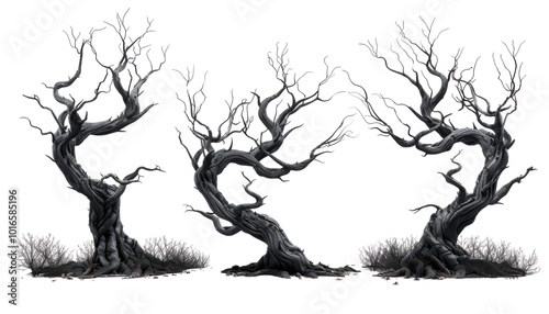 Three trees are shown in a row, all of which are bare and twisted