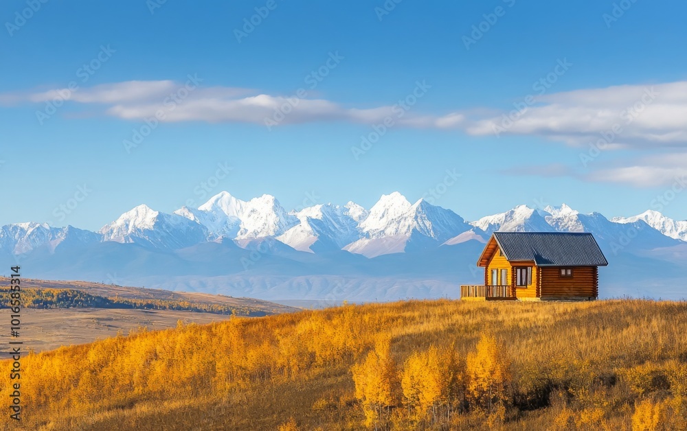 An isolated cabin on a hill with autumn colors, snow-capped mountains in the distance