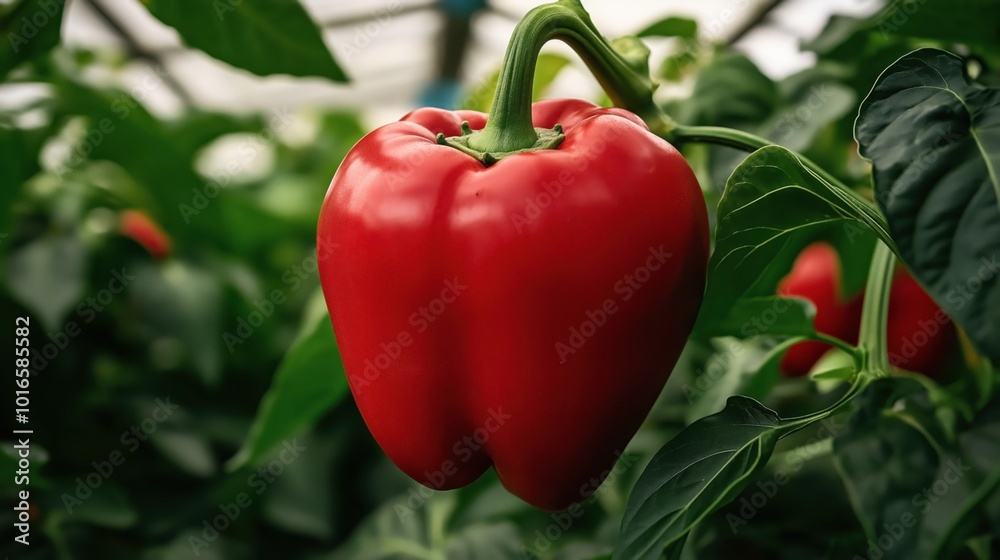 Close-up of a ripe red bell pepper growing on a plant, surrounded by green leaves in a garden or greenhouse setting. Close-up of a ripe red bell pepper growing on a plant, surrounded by green leaves in a garden or greenhouse setting.