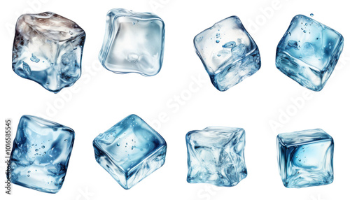 A set of blue ice cubes are shown in various sizes