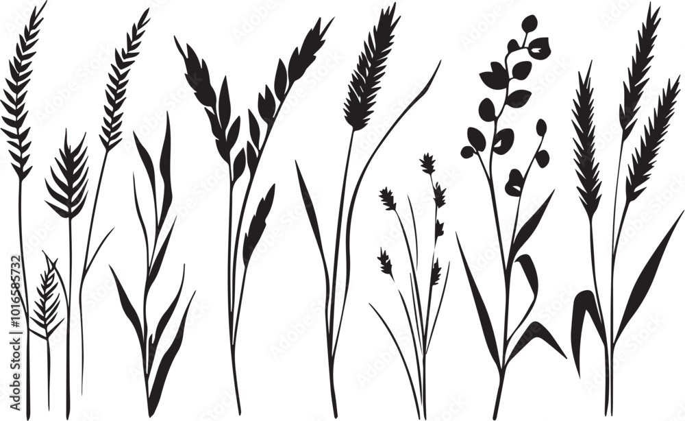 Set of minimalistic flat design wheat silhouettes. Hand drawn vector illustration Set of minimalistic flat design wheat silhouettes. Hand drawn vector illustration