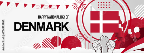 Denmark constitution day banner with flag. Modern banner for various purposes such as national holiday greeting cards, sports and music event posters, web headers. Horizontal design