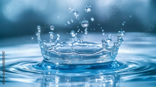 A close-up image of water droplets creating a splash, forming a crown-like shape on the surface, showcasing the beauty and movement of liquid dynamics.