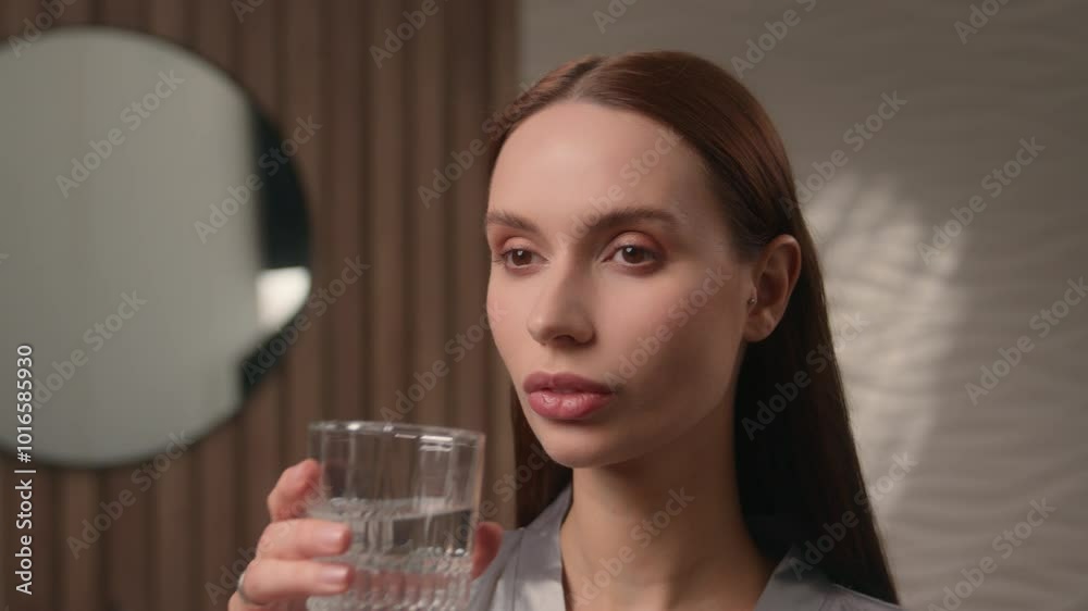 Caucasian healthy beauty routine pretty woman female lady girl in home hotel bathroom health care drinking water holding glass of aqua balance good habit refresh moisturize organism diet nutrition
