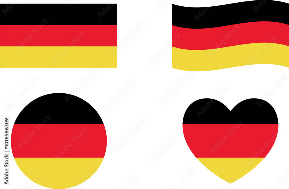 Germany flags set. Circle icon. waving flag. heart shape icon. Various designs Germany flags set. Circle icon. waving flag. heart shape icon. Various designs