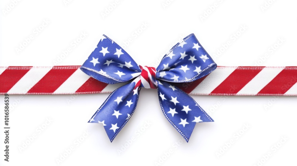 Obraz premium A vibrant blue bow adorned with white stars is tied on a striped red and white ribbon, perfect for festive decorations.