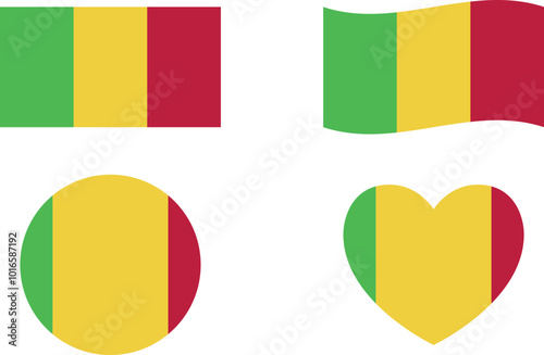 Mali flags set. Circle icon. waving flag. heart shape icon. Various designs