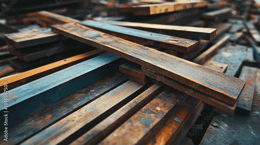 Wooden boards and steel beams scattered, open area for text in the background