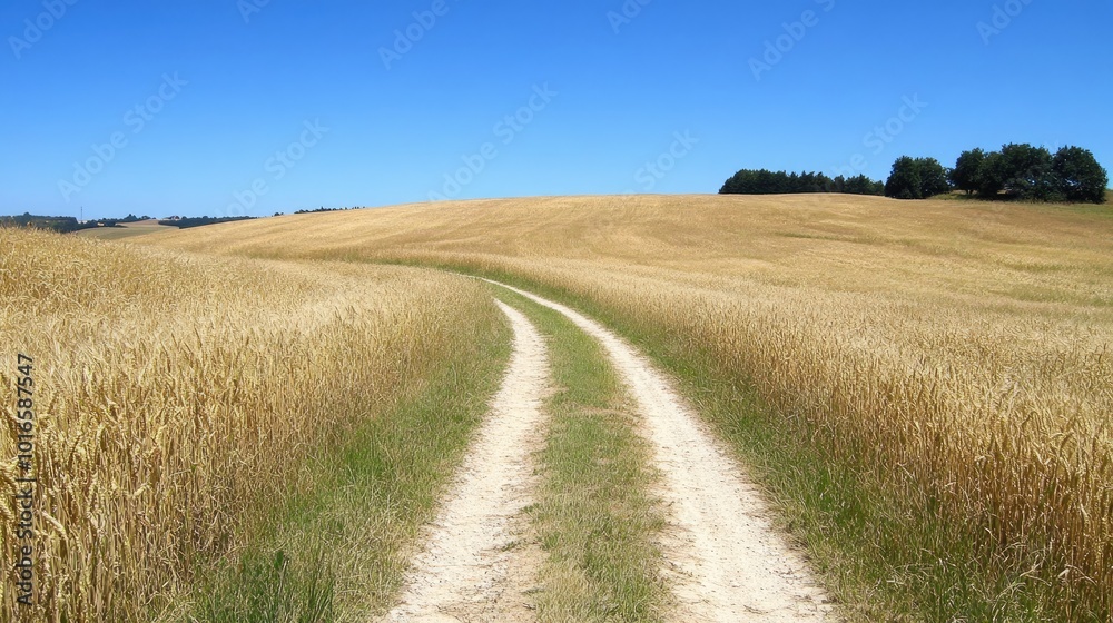 Serene Path Through Golden Wheat Fields Under Blue Sky Serene Path Through Golden Wheat Fields Under Blue Sky