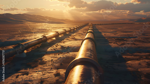 Long stretches of metal pipelines running through a barren desert, reflecting the harsh sunlight, symbolizing the journey of crude oil from extraction to processing