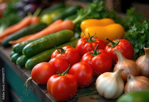 Fresh Market Vegetables with Bright Red Tomatoes and Yellow Peppers