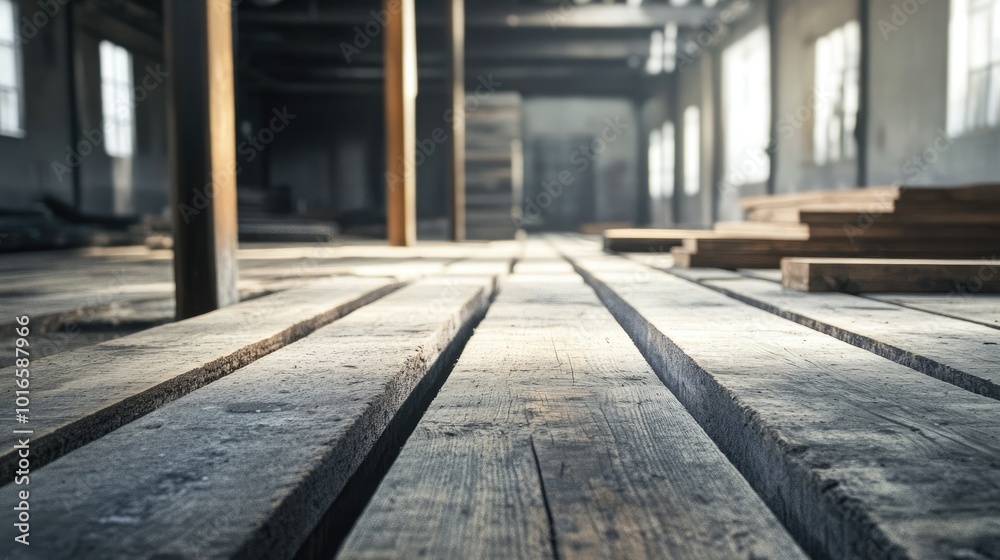 Wooden planks and steel beams scattered, ample copy space available Wooden planks and steel beams scattered, ample copy space available