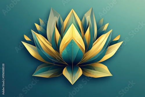 A stylized lotus vector with sharp, triangular petals and bold contrasting colors like gold and teal, combining modern aesthetics with traditional symbolism