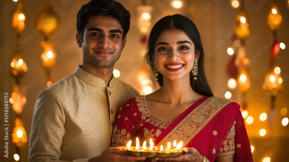 Portrait of a young Indian woman in a red saree and a young Indian man in a cream kurta, both together holding a single thali with diyas, indoor Diwali backdrop with decorated wall and hanging Portrait of a young Indian woman in a red saree and a young Indian man in a cream kurta, both together holding a single thali with diyas, indoor Diwali backdrop with decorated wall and hanging