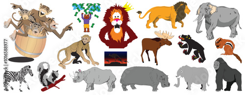 A Menagerie of Marvels: A Colorful Collection of Animals including monkeys lion elephant moose bear chipmunk zebra cat rhinoceros hippopotamus vector editable logo for Wall Sticker t-shirt design 