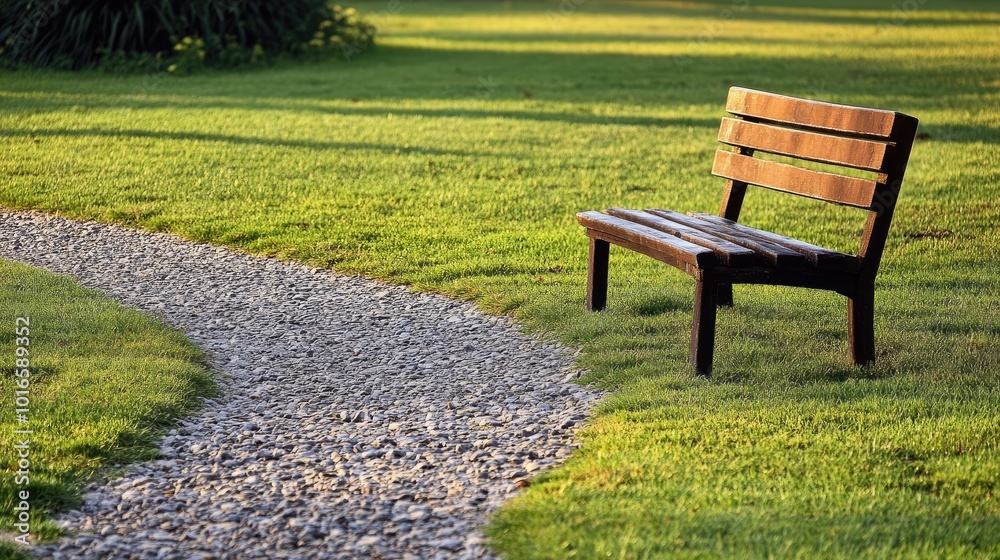Serene Park Bench by Curved Pathway in Green Grass Serene Park Bench by Curved Pathway in Green Grass