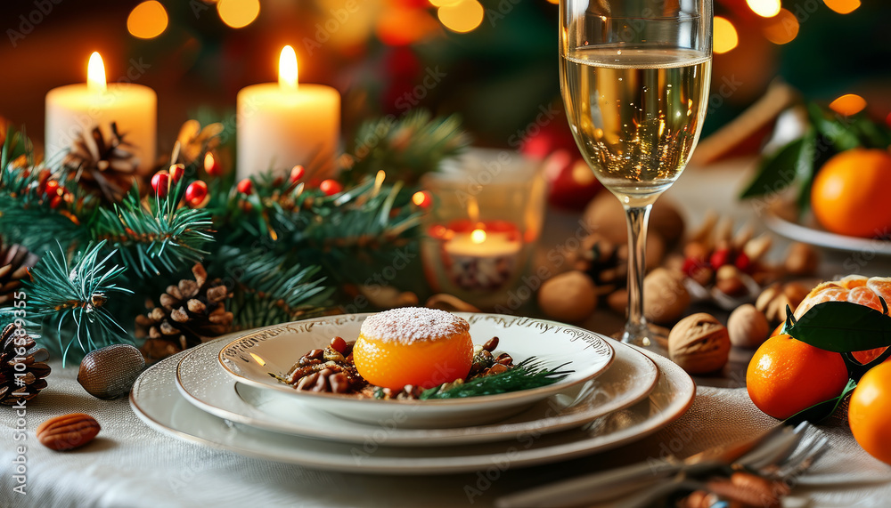 Christmas Table with Elegant Dinner Setting. Christmas Dinner Table with Seasonal Décor. Holiday Feast with Candles and Festive Decorations. Christmas Table with Elegant Dinner Setting. Christmas Dinner Table with Seasonal Décor. Holiday Feast with Candles and Festive Decorations.